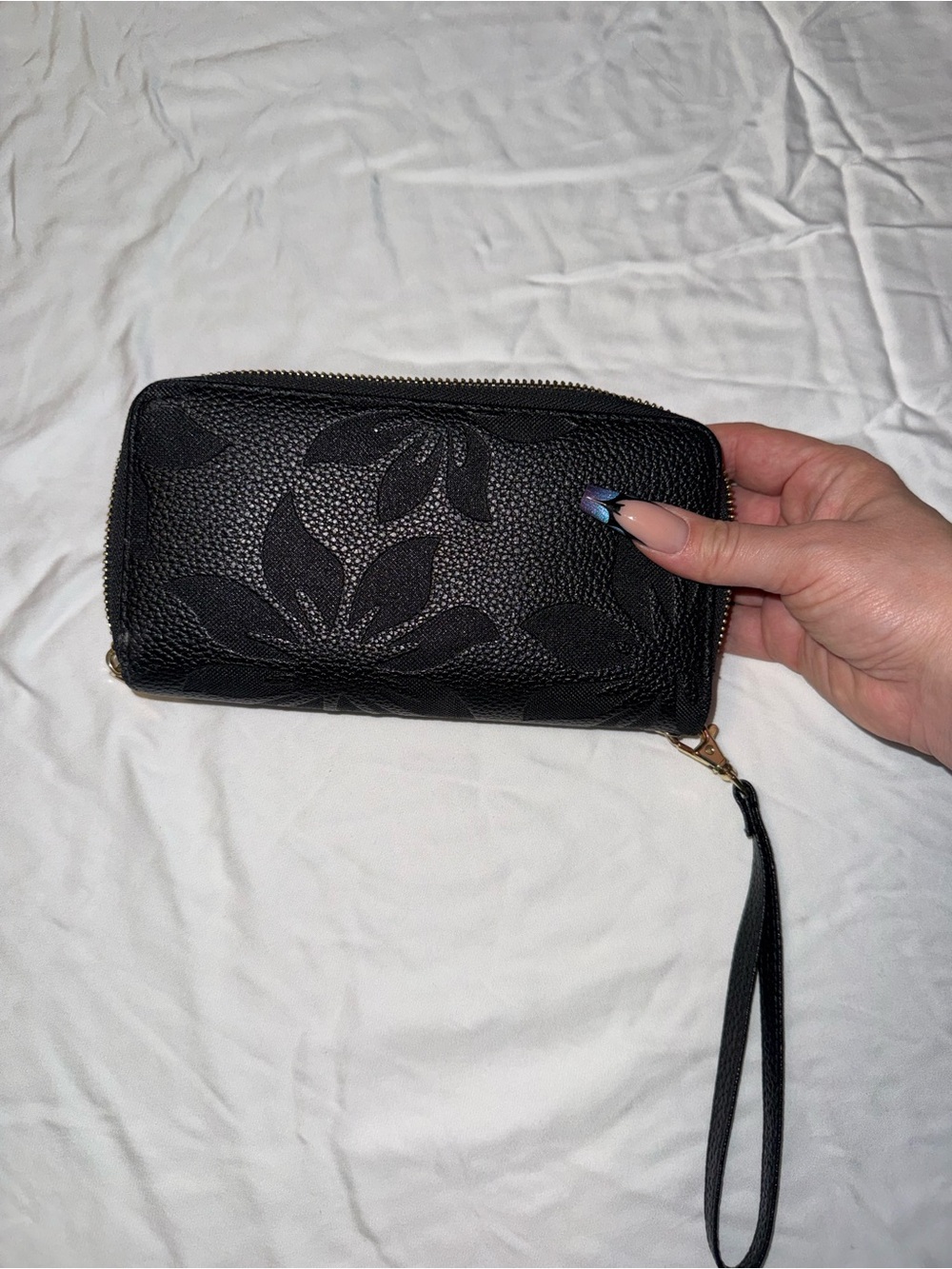 Black Floral Textured Wristlet Wallet